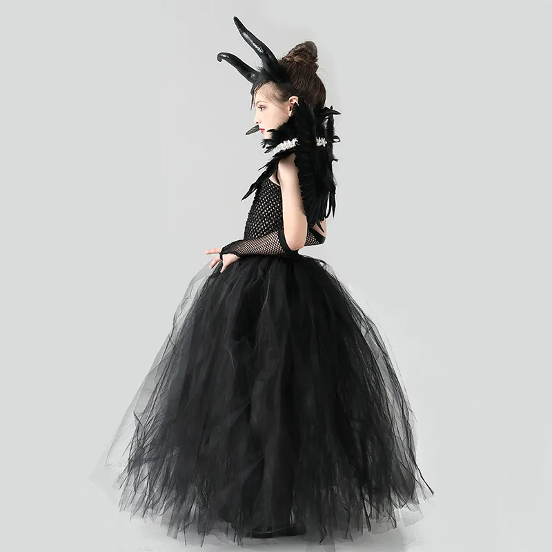 Speciale gelegenheden vermomming meisjes luxe zwarte duivel jurk Halloween kostuum Gothic Dark Evil Witch Queen Tutu -jurk met veren Cape Shawl 220826