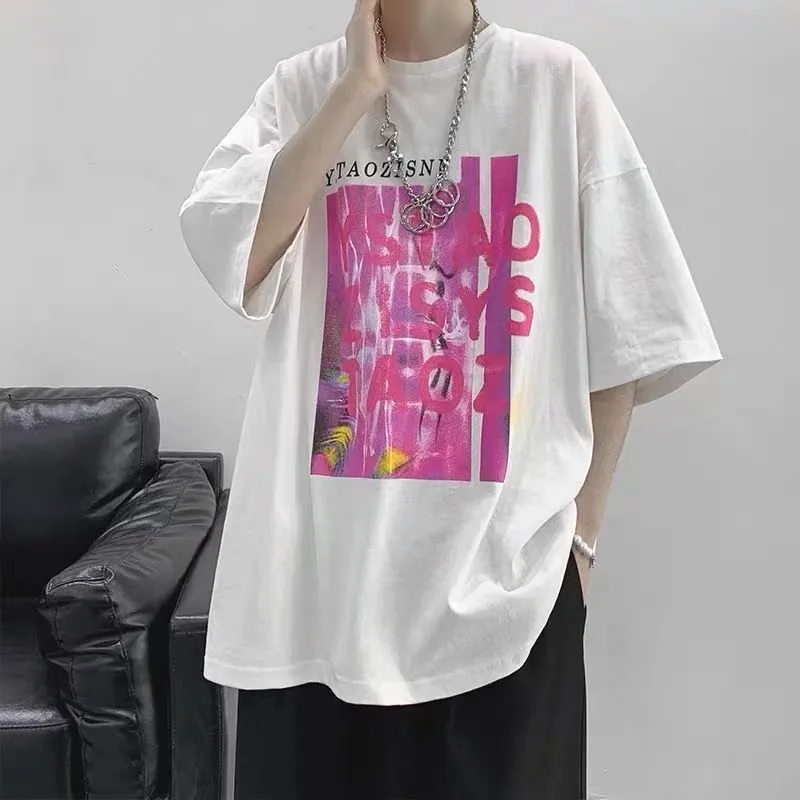 Camiseta para hombre con estampado de grafiti rosa, camiseta divertida para hombre, estilo CASUAL, ropa de calle para hombre, estilo coreano, camiseta HIP HOP, Top 0615