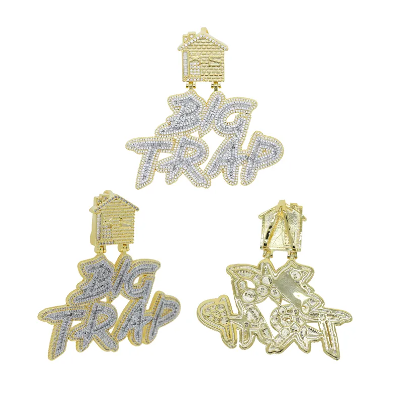 Iced Out Letter Big Trap с подвеской в виде дома, полный кубический циркон, подходит для кубинской цепочки, ожерелье в стиле хип-хоп, ювелирные изделия, целое311R