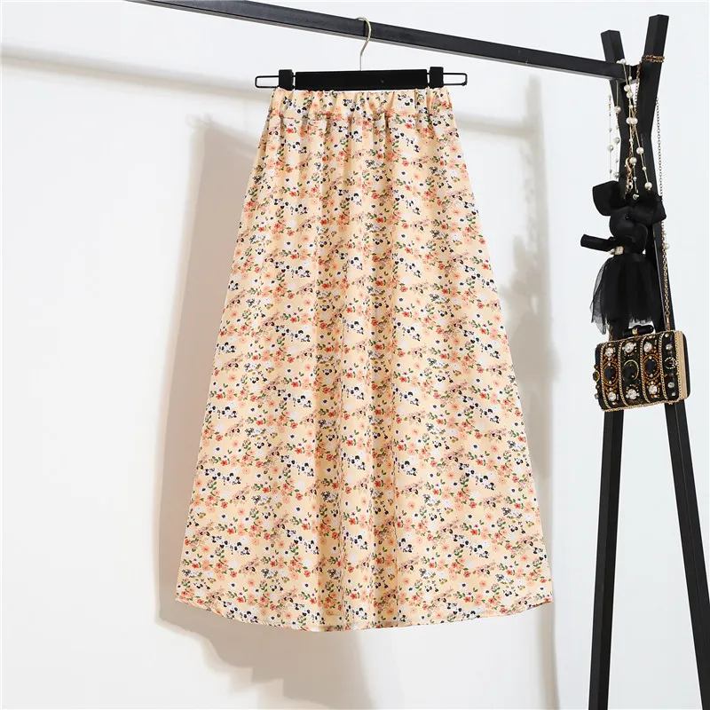 Summer Rokken Womens Vintage Floral Print Chiffon A-link Elastische Hoge Taille Casual Midi Clothes Jupe Plus Size 220317