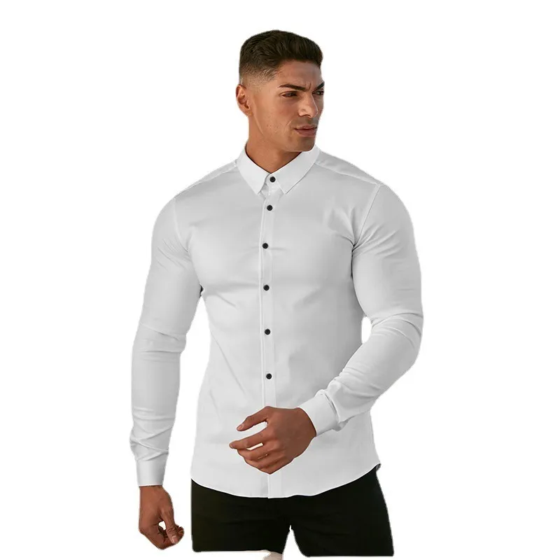 Printemps automne mode chemise à manches longues hommes solide décontracté coupe ajustée robe d'affaires sociale hommes Gym Fitness vêtements de sport 220330