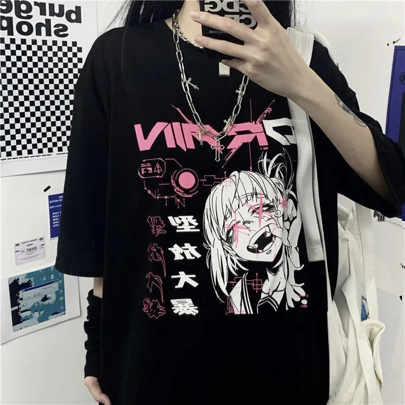 NiceMix Vintage Anime Cartoon T-Shirt Damen Kleidung Gothic T-Shirt Streetwear Print lose Tops Koreanisches Sommer schwarzes T-Shirt 220321