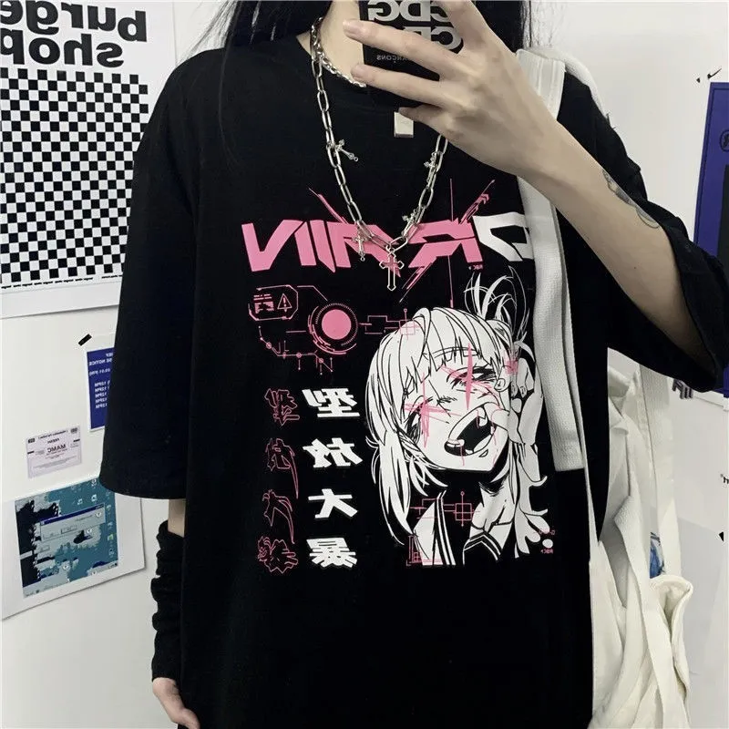 Nicemix Vintage Anime Cartoon T-shirt Dameskleding Gothic Tshirt Streetwear Print Losse Tops Koreaanse Zomer Zwart T-shirt 220321