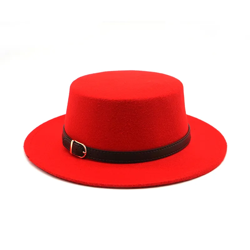 Retro vinterhöstkvinnor män topp hatt imitation ull filt fe hattar bälte spänne dekorerade damer båt hatt platt grim 220727