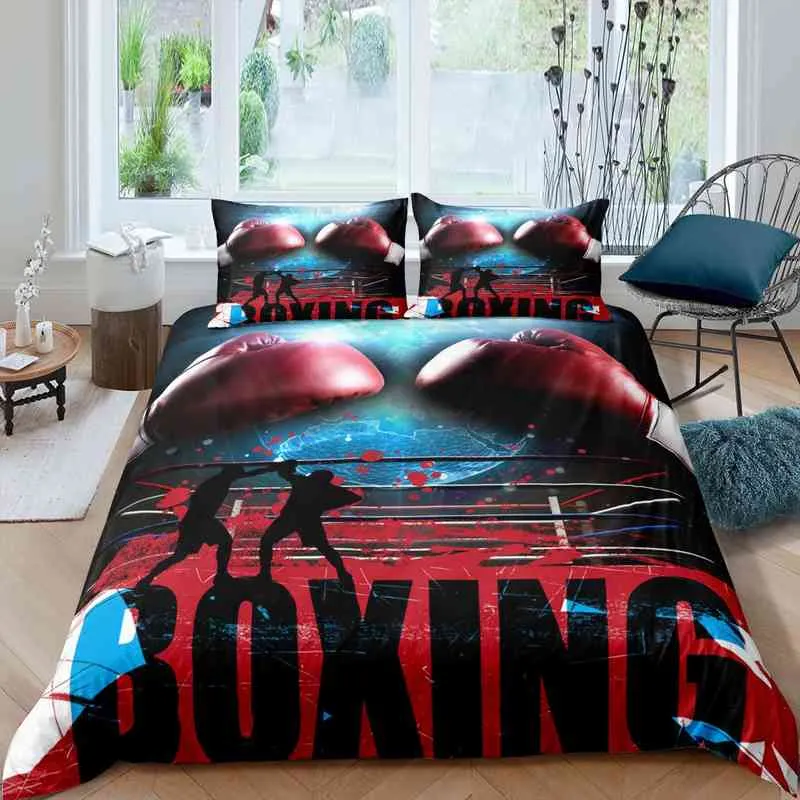 Boxing Duvet Cover Set Sports Games Theme Twin Bedding Gloves Athlete Silhouette Pattern Queen King Size Quilt