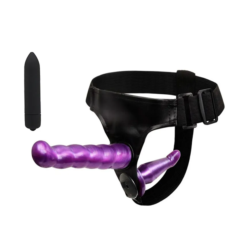 2 PZ Piccolo vibratore a proiettile Strap on Harness Doppio dildo Butt Plug Strapon Giocattoli sexy donne Coppia lesbica adulta