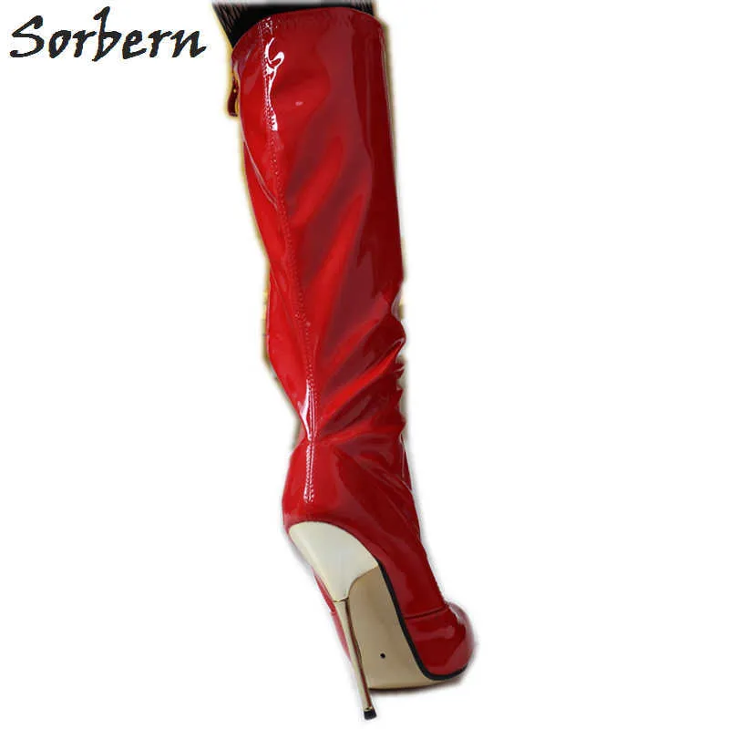 SORBERN 14 CMスティレット膝ハイブーツ女性クロスドレスポイントトゥシューカスタム女性靴エキゾチックかかかと大サイズユニークなブーツ