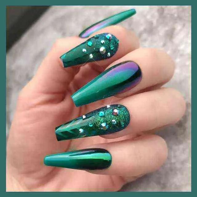 Faux ongles longs faux vert fantaisie couleur diamants couverture complète bricolage colle presse sur les fournitures d'ongles pour les professionnels 0616