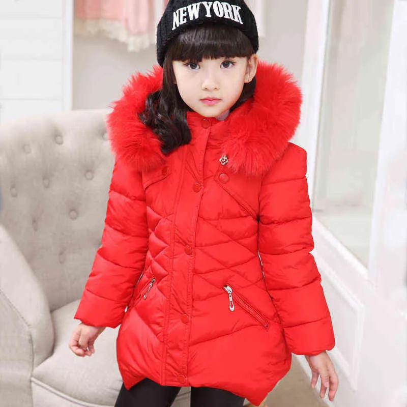 Big Size Teenage Princess Winter Warm Jacket Thick Heavy Weight Slim Grid Fur Collar Hood Outerwear For Girl Children Windbreaker J220718