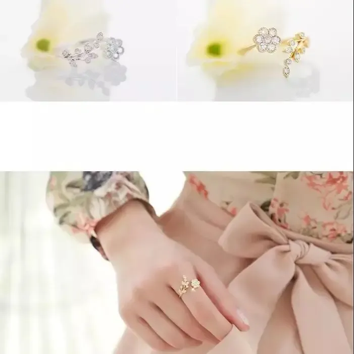 Ring Women Koreaanse versie van mode temperament diamant ed bladeren Ruyi Flower open ring Index ring ring Female8656325