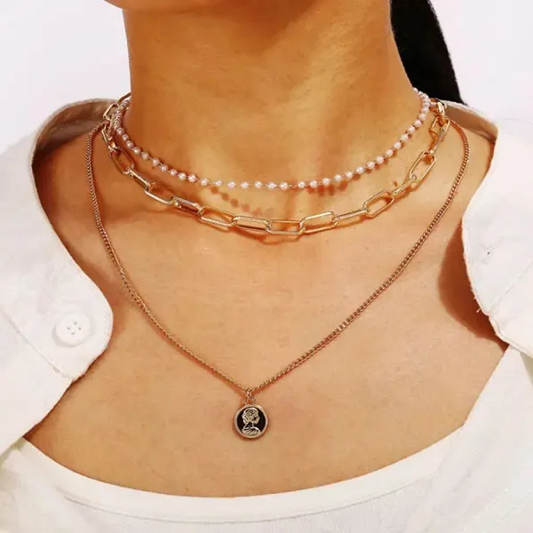 Portrait Stamp Pearl Chain Multilayer Necklace Creative Vintage Alloy Necklace