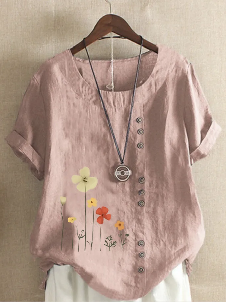 Vrouwen mode zomer casual print losse t -shirt vintage round nek katoen linnen blouse button met korte mouwen button tops s5xl 220527