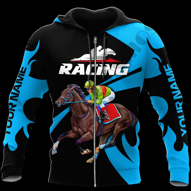 PLstar Cosmos 3DPrinted est Racing Horse Custom Name Gift Unique Hrajuku Streetwear Unisex Casual Hoodies Zip Sweatshirt 3 220714gx