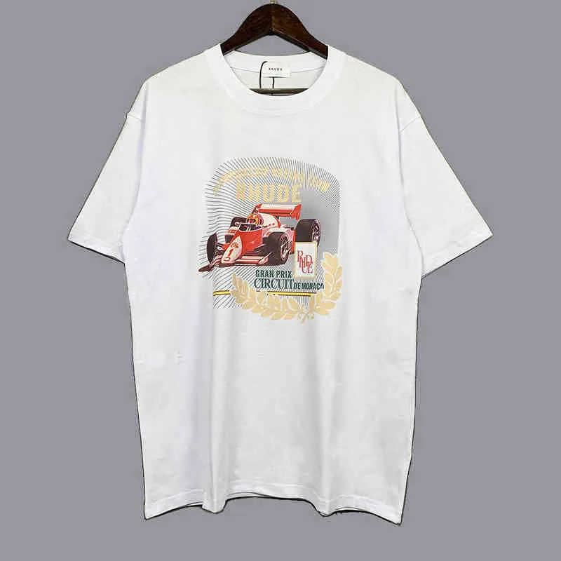 Hög version 2022 Summer New American Fashion Brand Rhude F1 Racing Printed herr- och kvinnors korta ärm T-shirt