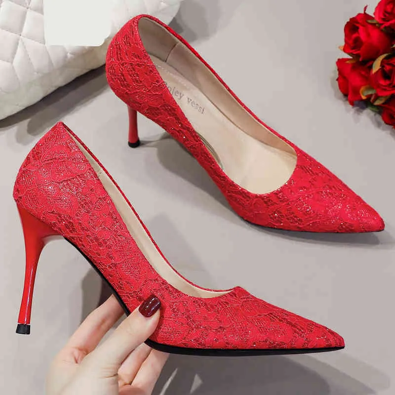 Small Size Women Red Wedding Shoes Lace Bridesmaid Stiletto High Heels Female Pointed Toe New Evening Party Bridal Pumps B0000 G220516
