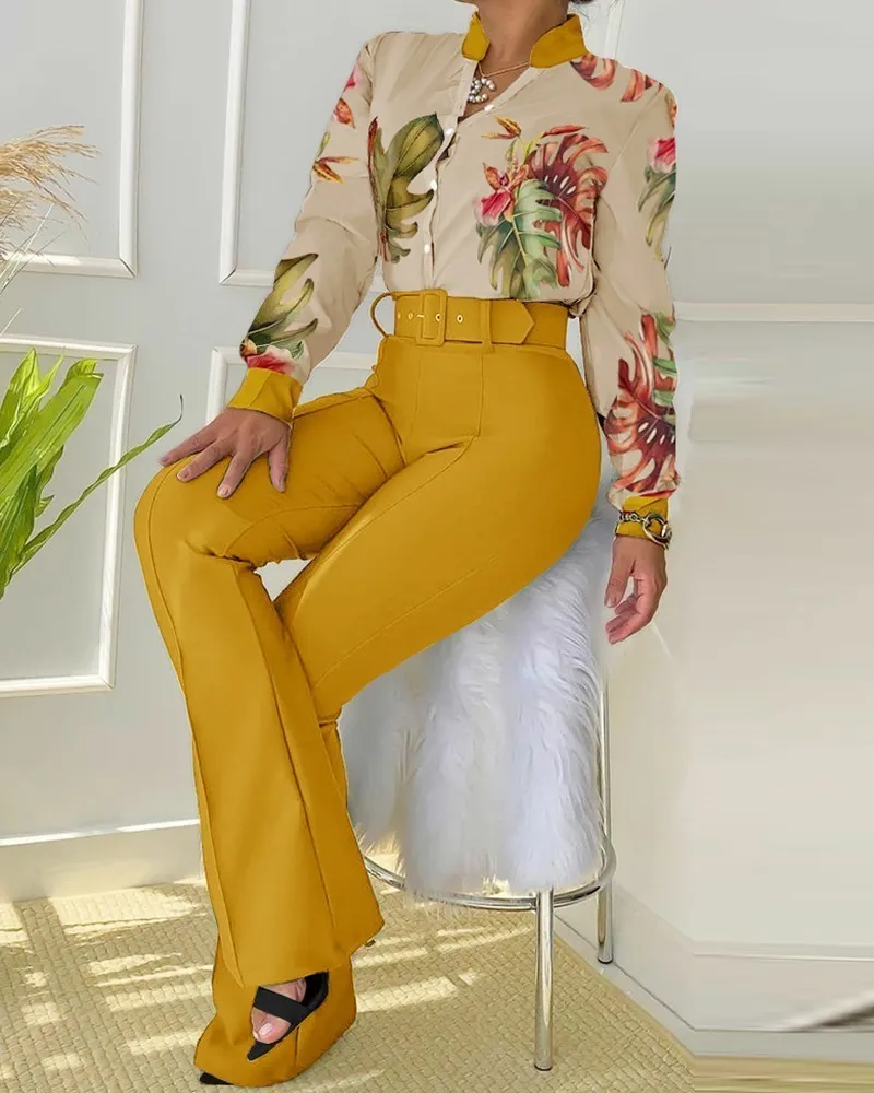 Women Two Pieces Set Leaf Print Buttoned Shirt & High Waist Pants Tracksuit Office Clothes with belt 220813