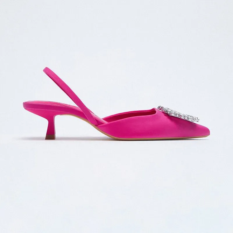 Chaussures pour femmes bout pointu chaussures de diamant rose nu peu profond talon bas chaussures à bretelles arrière femmes 220716