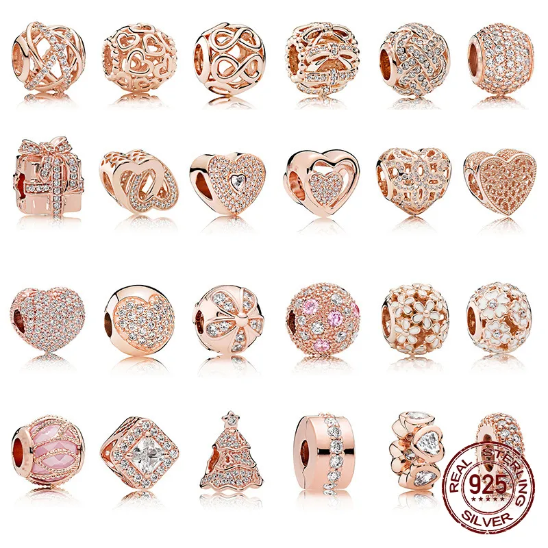 925 Sterling Silver Rose Gold Love Heart Zircon Series Pendant DIY Fine Beads Fit Original Pandora Charm Bracelet Jewelry