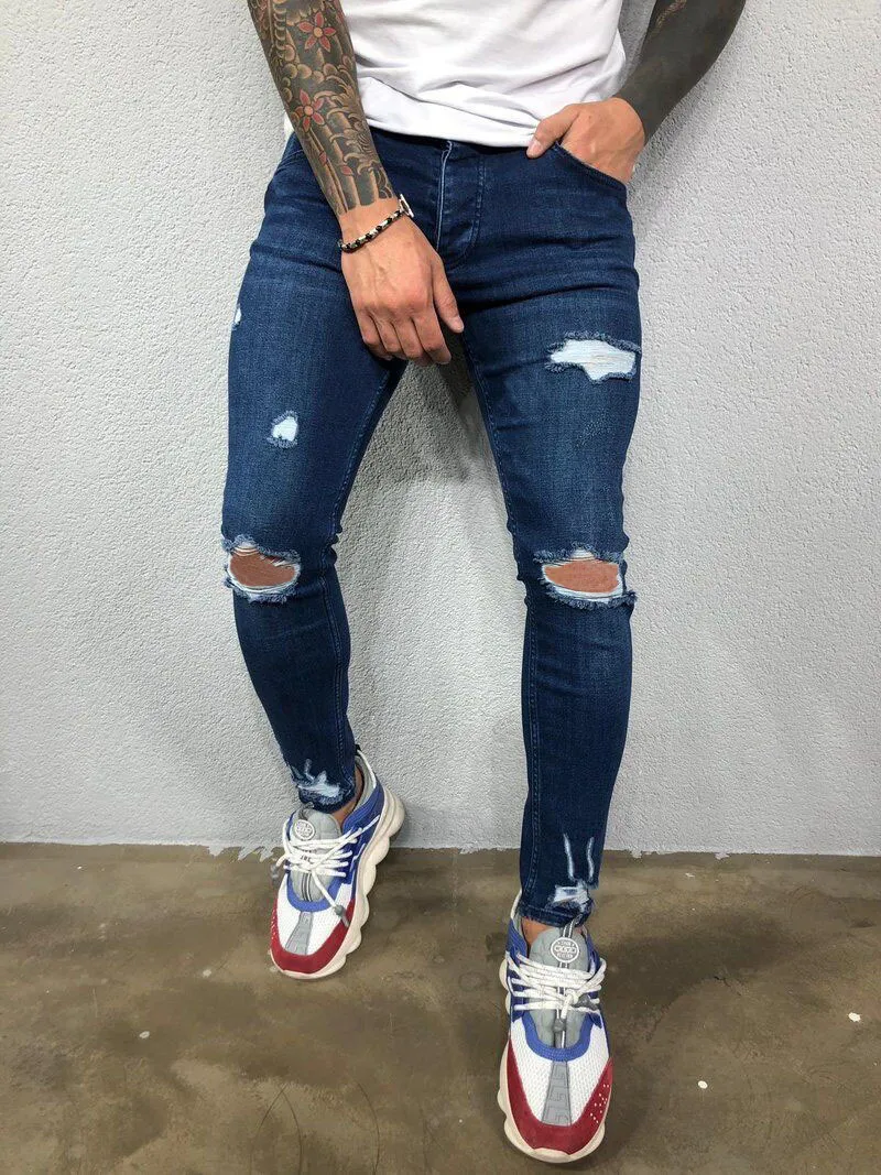 Männer Jeans Schwarz Blau Coole Dünne Knie Loch Ripped Stretch Dünne Elastische Denim Hosen Einfarbig High Street Stil Hosen mann 220408