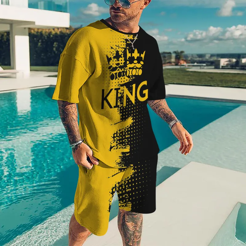 King T-shirt för män Sommar Herrkläder Set Modeshorts 3D-utskrift Manlig träningsoverall kortärmade skjortor Harajuku 220615