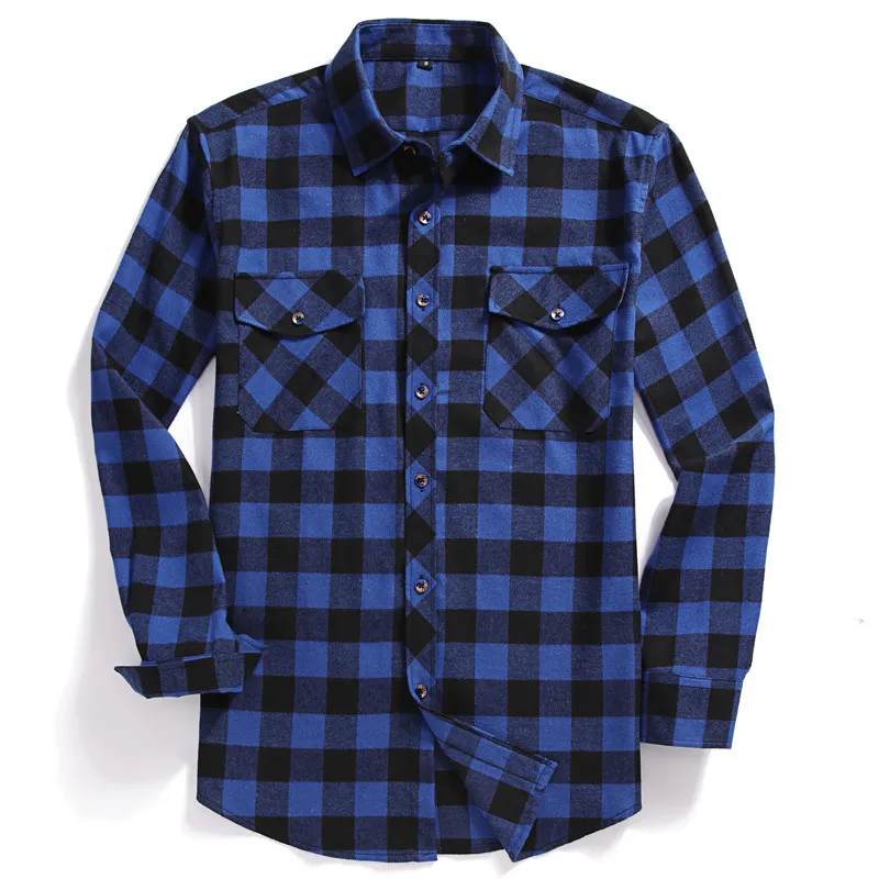 Camisa masculina de flanela xadrez de manga comprida casual com botão EUA ajuste regular tamanho S a 2XL, xadrez clássico, design de bolso duplo 220401