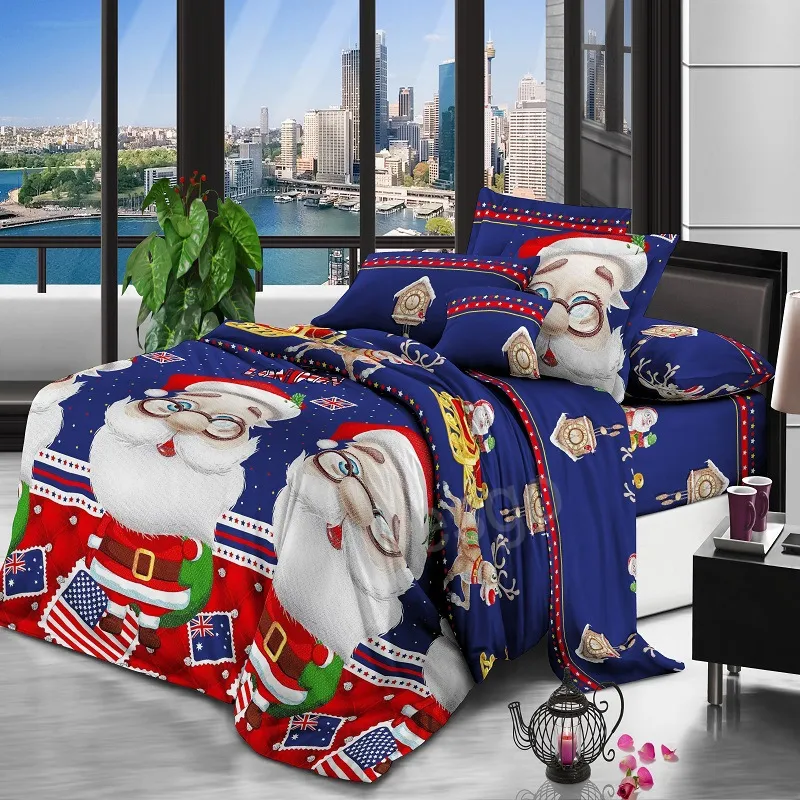 Ensembles de literie de Noël Père Noël Cerf Set Housses de couette de Noël Drap de lit Ensemble de taies d'oreiller Multi couleurs Polyester Literie pour la maison B6245094