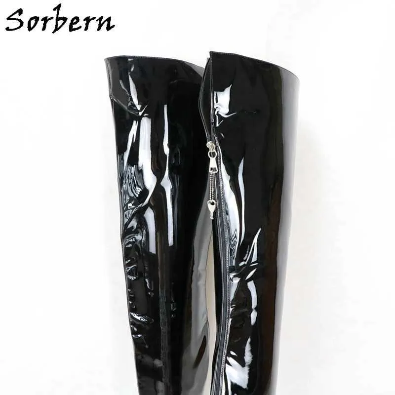 Sorbern Unisex 12 cm Yüksek Topuk Çizmeler Kadın Kilitlenebilir Fermuar Geri Stilettos Orta Uyluk Yüksek Boot Sert Mil Ayak Bileği Kayışı Sivri Burun