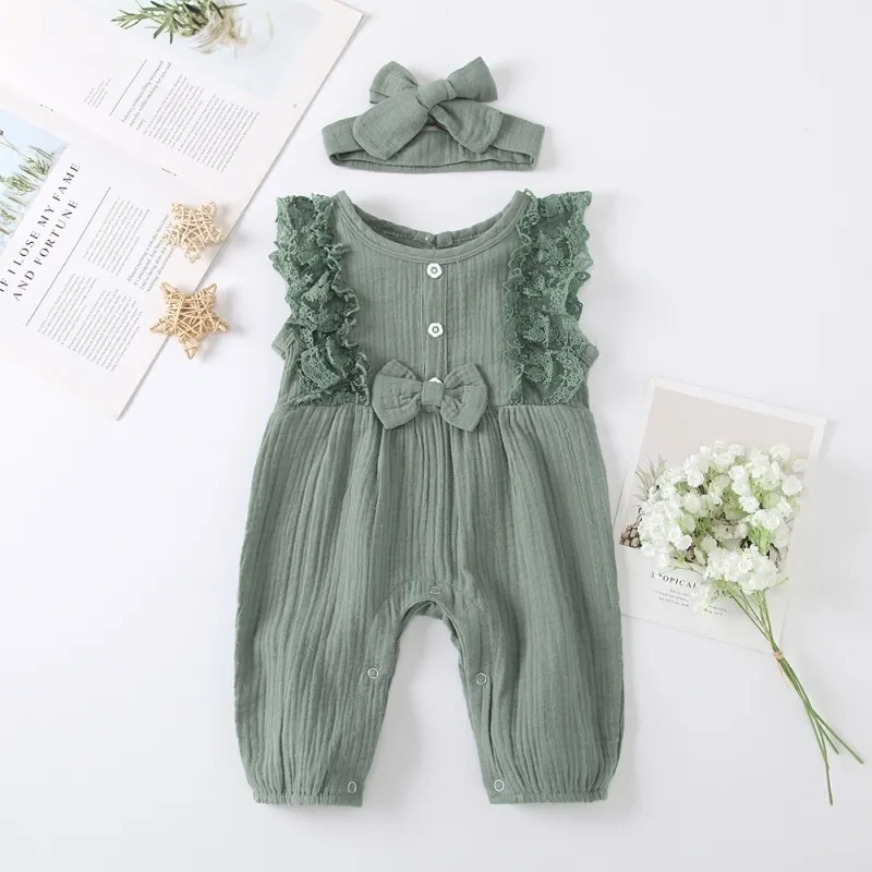 Summer Baby Girl Lace Rompers Born Girls Clothes Toddler Sleeveless Solid Design Jumpsuit med pannband enstycken 220426