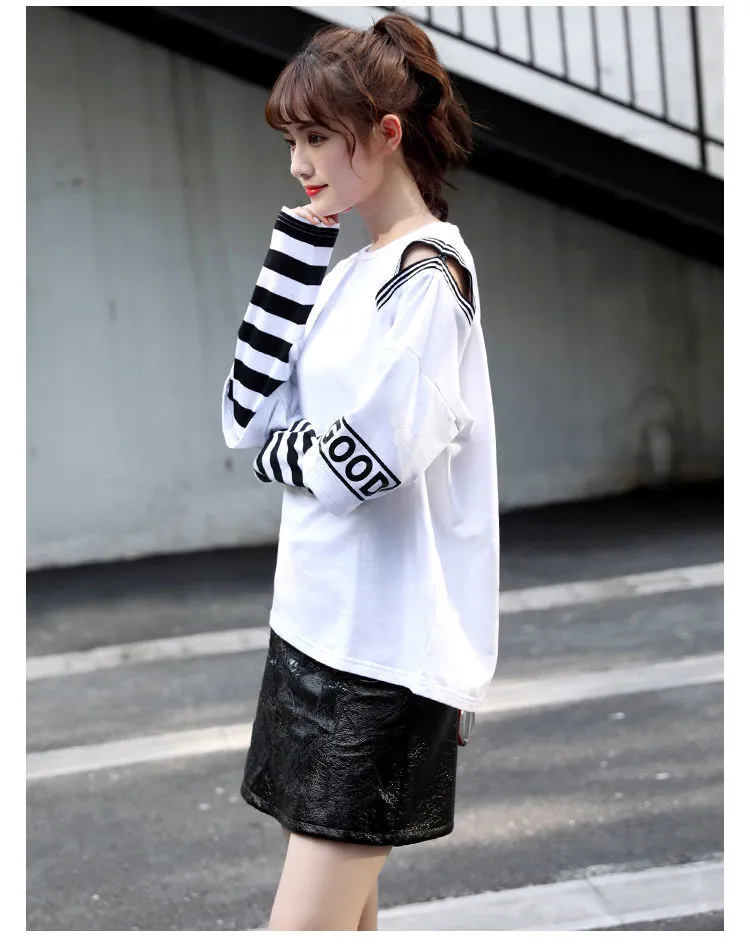 Spring Autumn fashion loose tops for women Fake two pieces patchwork stripe long sleeve letter print big size t-shirts female 220328