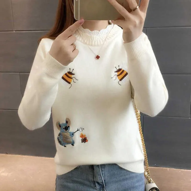Automne hiver demi-col haut femmes pull pull Animal dessin animé couture coréen lâche brodé étudiants chemise de fond