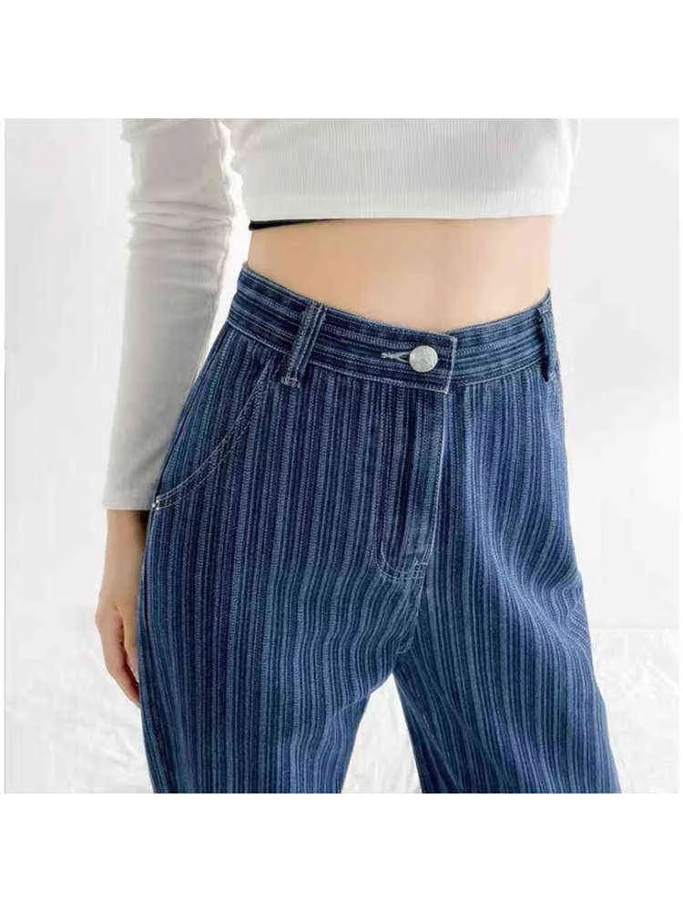 Blå vertikal randig hög midja jeans kvinnor sommar amerikansk vibe high street ins tij raka breda rör denim byxor kvinnliga l220728