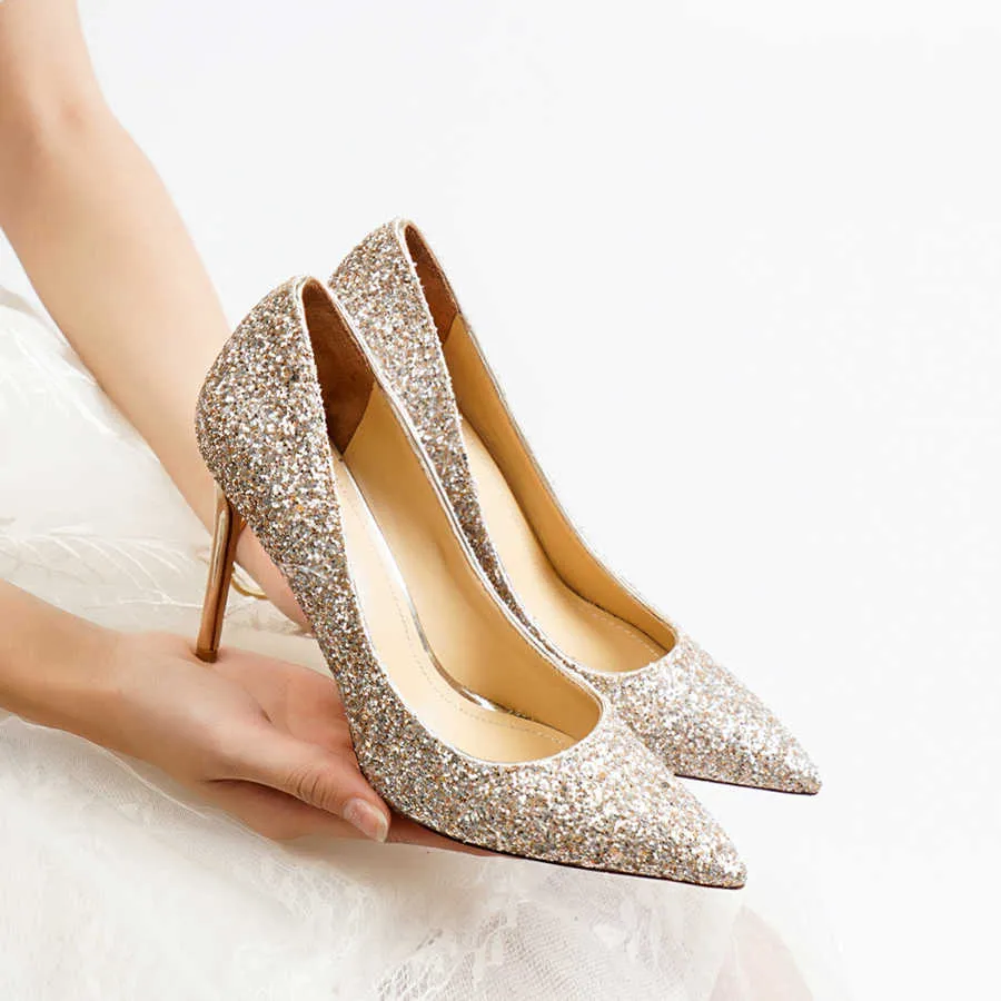 Klassieke luxe designer wruchee party zomer vrouw hoge hakken dunne hakken schoenen 10cm glitter zilver