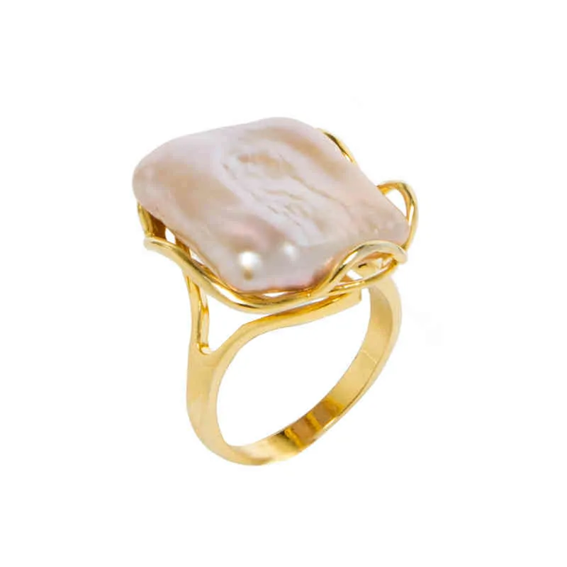 Baroqueonly naturlig sötvatten barock pärla 14k anteckningar guld retro stil oregelbunden formad fyrkantig ring rfb