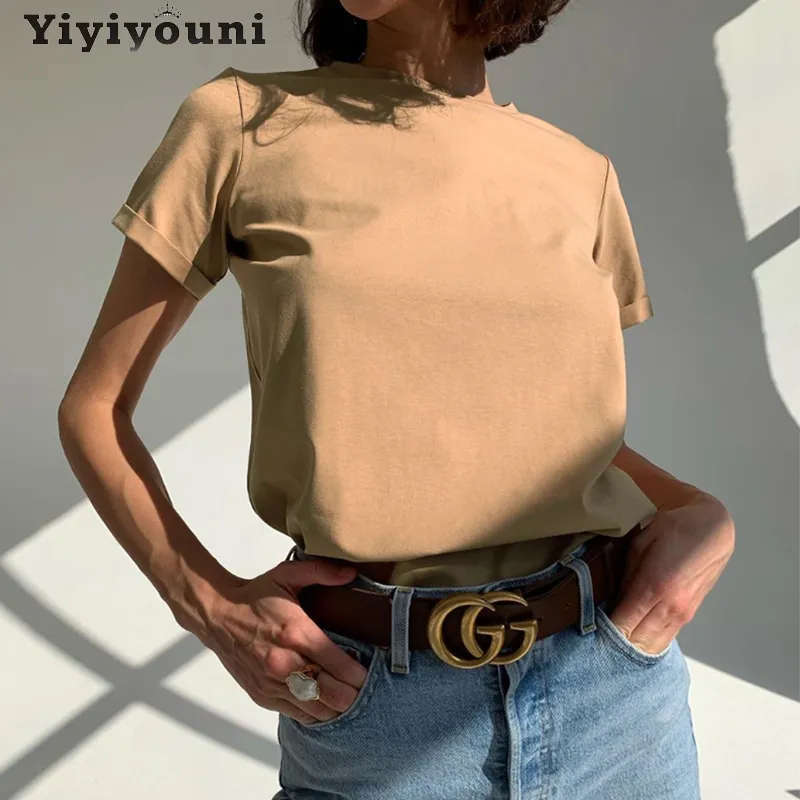Yiyiyouni Solid Casual Basic T-shirt Dames Zomer Korte Mouw Katoen Tee-shirt O-hals Zwart Wit Koreaanse Tops Vrouw 220321