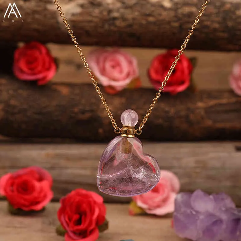Forma de coração perfume garrafa pingente natural amethysts rosa quartzo labradorite ouro cadeias colar para mulheres boho jóias