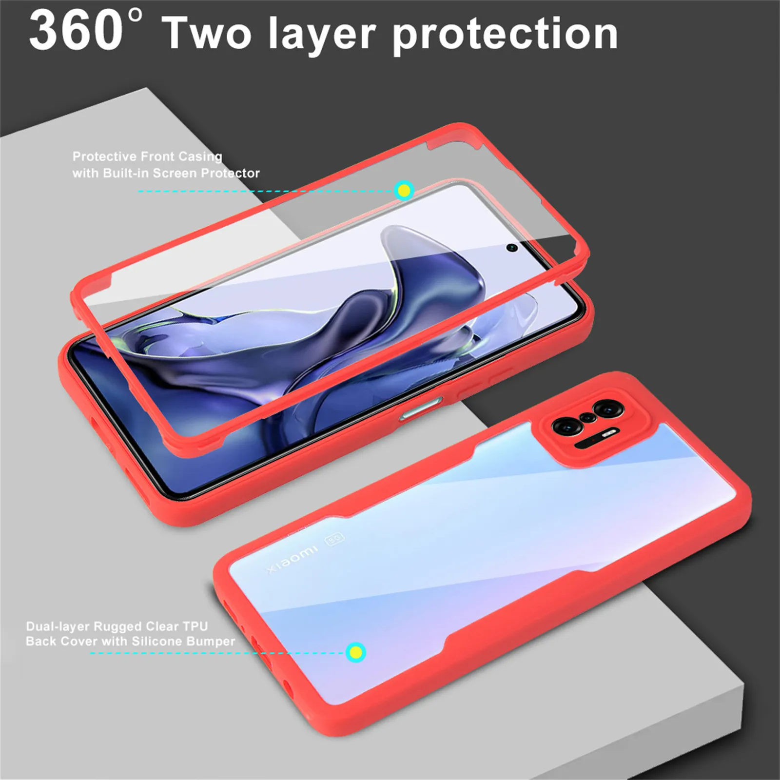 360 Dubbelsidiga Clear Phone Fodraler för Xiaomi 11 Lite 5G RedMi 10 Pro Shocksäker kameralinsskärm Fullständigt skydd Bumper Cover