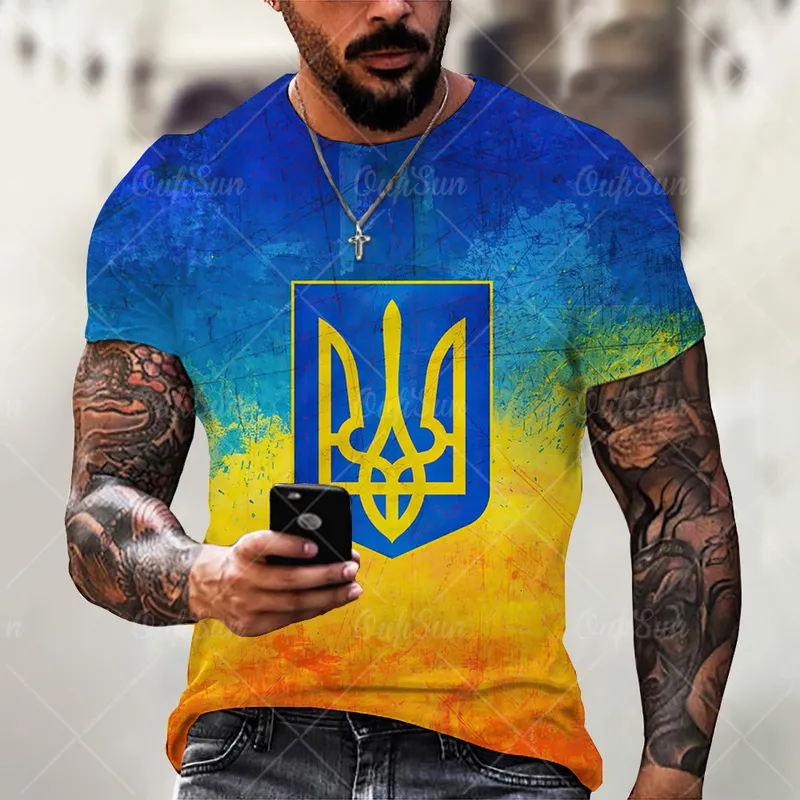 男性用のヴィンテージ3DプリントTシャツウクライナのTシャツ衣類旗夏のファッションoネックハラジュクトップティー220618
