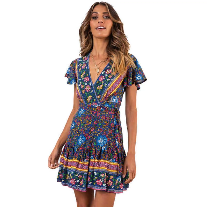 Summer Dress Women 2022 V-hals Sexig Boho Dress Print Kort kjol G220510