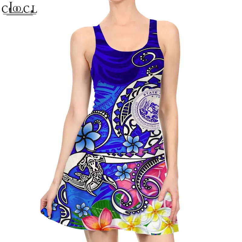 Vestido de Turtle Plumeria vestido 3D Pattern Polynesian Momen Women Mini Sleesess Dress Summer Beach Dresses W220616