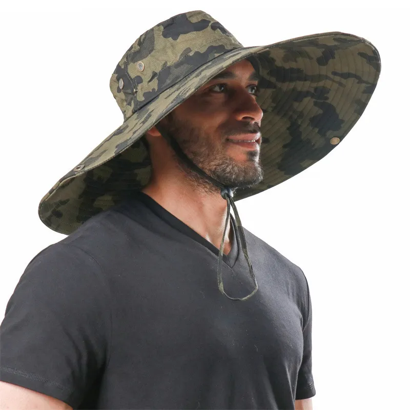 100% bomullskamouflage hink hatt 16 cm stor bredd solhatt camping vandringsnät andas anti UV fiske hattar för män kvinnor 220812