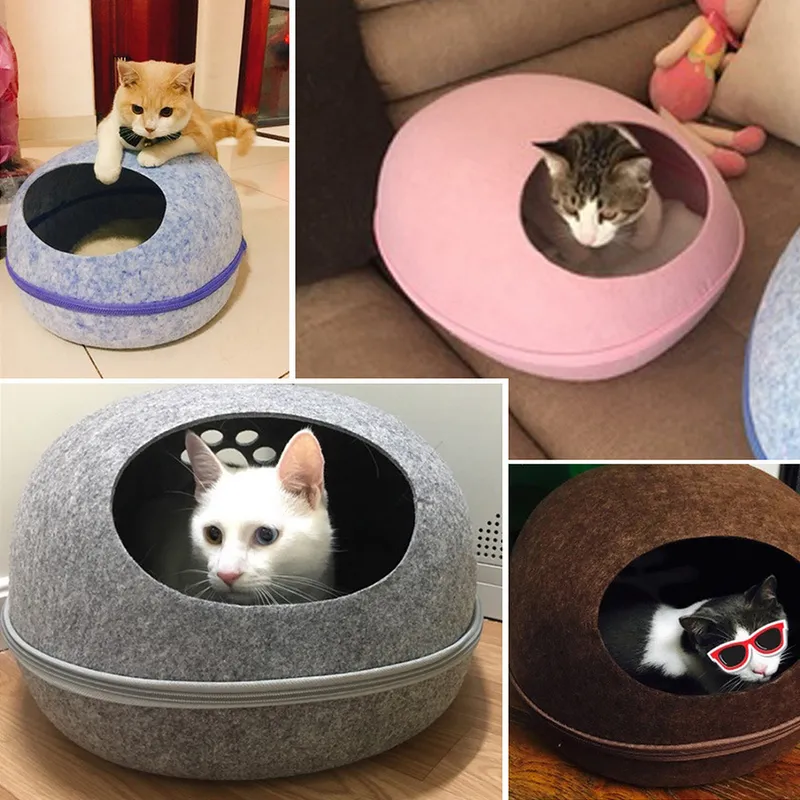 Eggshell Cat Bed Detachable Natural Felt Cats House Sleeping Bag with Nest Cushion Mat Soft Breathable Semi Enclosed Pet Cave 220323
