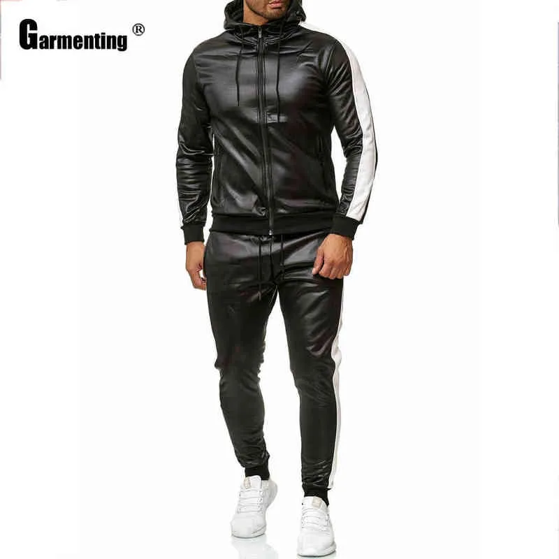 Plaggning av faux pu läder män set punk stil ny trend 2020 hoodie tracksuit lapptäcke dragkedja män två stycken kläder ropa hombre g1217