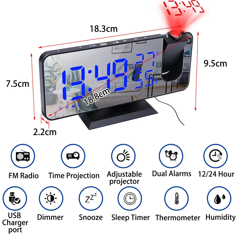 LED Digital Alarm Clock Electronic Table Desktop Clocks USB Wake Up FM Radio Time Projector Two Snooze Function 220426