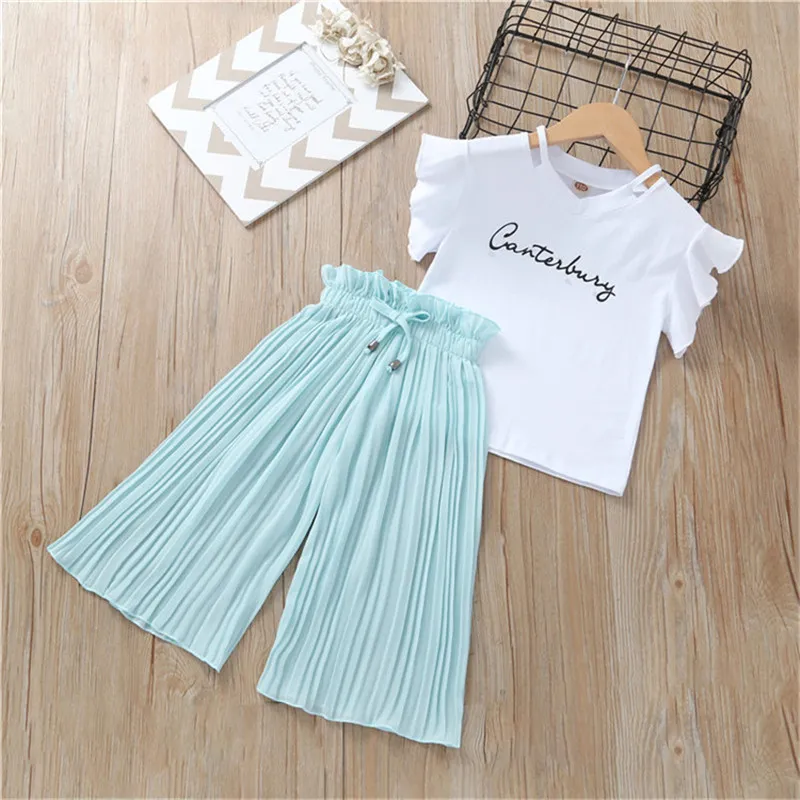 Summer Girls Clothing Set Kids T Shirt Wide Leg Pants Luits Barn Kort ärm Baby Girl kläder 5 6 7 8 9 10 12 år 220620