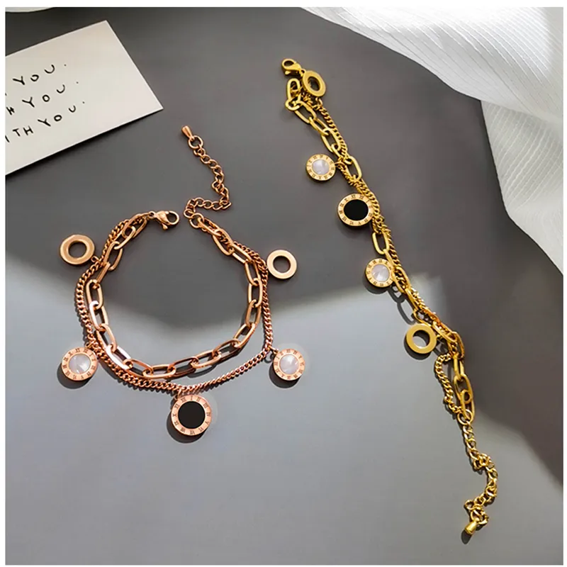 Luxury Famous Brand Jewelry Rose Gold Stainless Steel Roman Numerals Bracelets Bangles Female Charm Bracelet for Women 220726