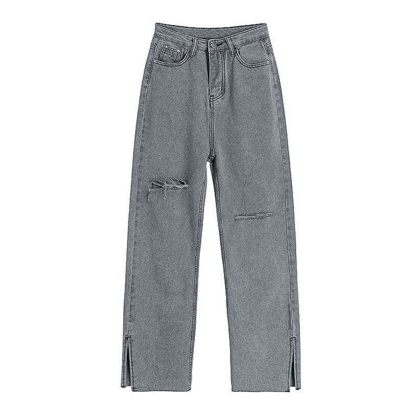 Hög midja grå rippade jeans kvinnor streetwear baggy harajuku wide ben jeans kvinnliga byxor 2021 vintage raka långa byxor t220728