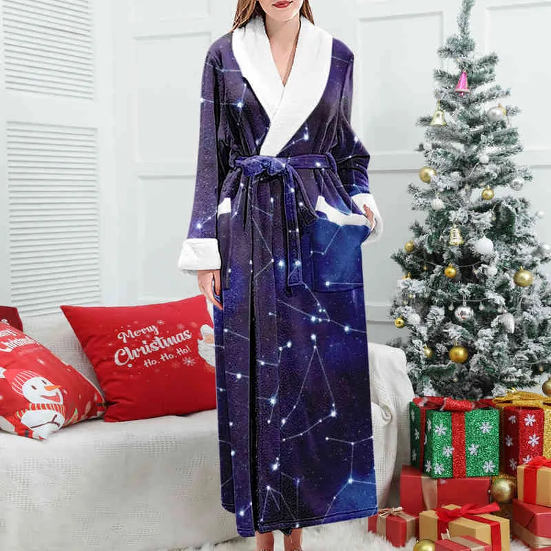 冬の衣服女性特大の星印刷快適なナイトガウンウォームフランネルコーラルフリースフリース厚いローブペイニョワールフェムロングバスローブパジャマL220803