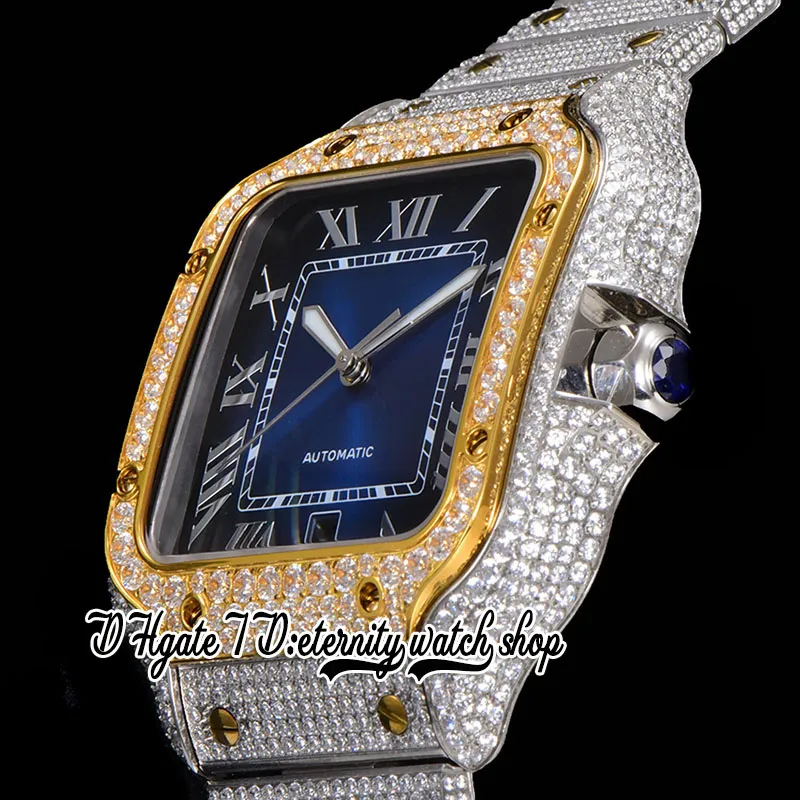 TWF tw0030 Алмазное паве ETA A2824 Автоматические мужские часы Синий циферблат Римские маркеры Золотой ободок Быстрый переключатель Браслет с бриллиантами Iced Out307T