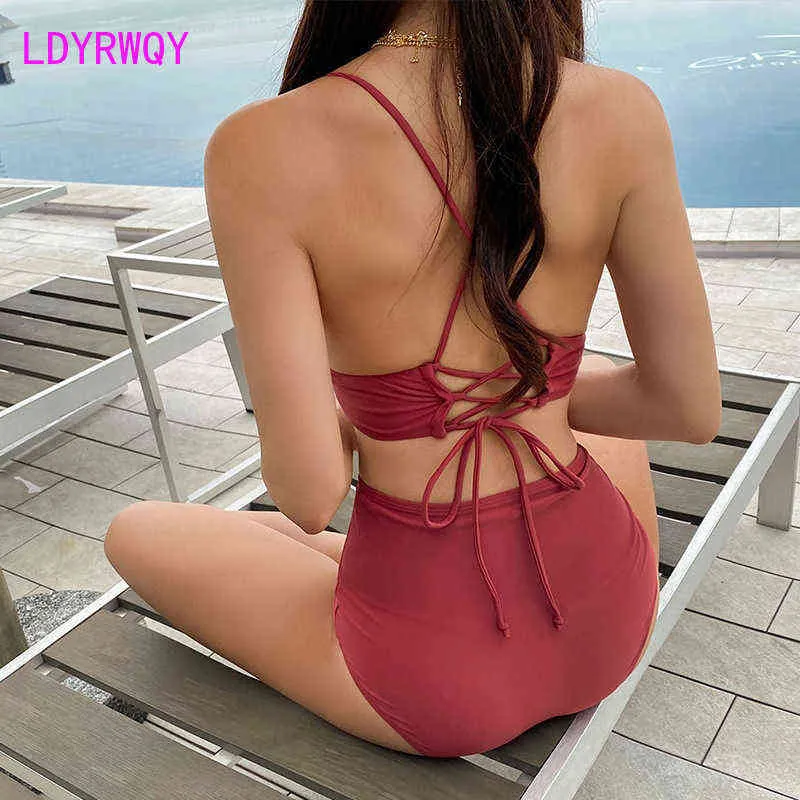 LDYRWQY 2021 Yeni Japon ve Kore Katı Renk Yüksek Bel Seksi Büyük Göğüsler Toplamak Strappy Bikini Mayo İki Parçalı Takım Y220420