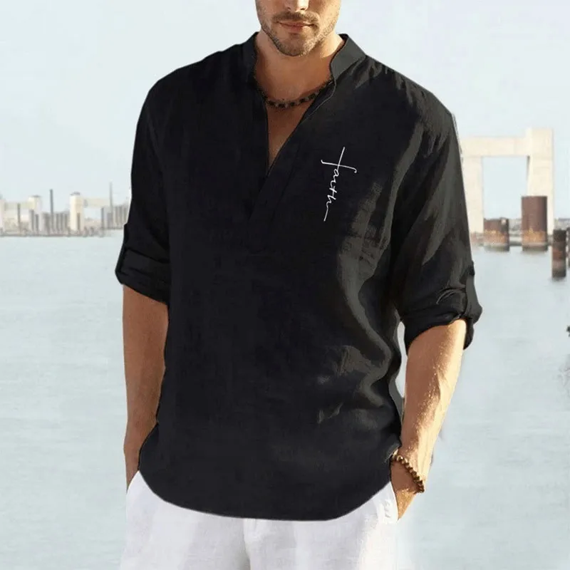 Puimentiua massleeeved camiseta algodão e linho casual camiseta camiseta macho masculino letra sólida camisa de impressão 220615